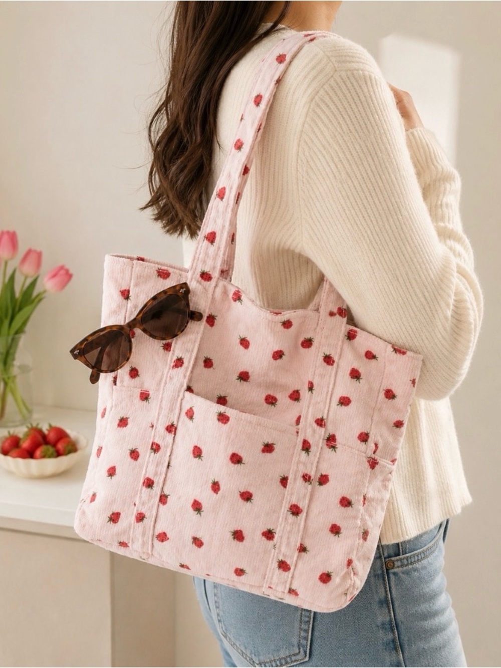 Pink Strawberry Print Tote Bag - Women Bags